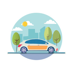 Electric vehicle driving in cityscape near trees under the sun and clouds with modern design