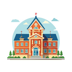Naklejka premium Classic Building with Cross Flat Illustration, Church, University, Academy, School, Architecture, Blue, Orange, Trees, Cloudy Sky