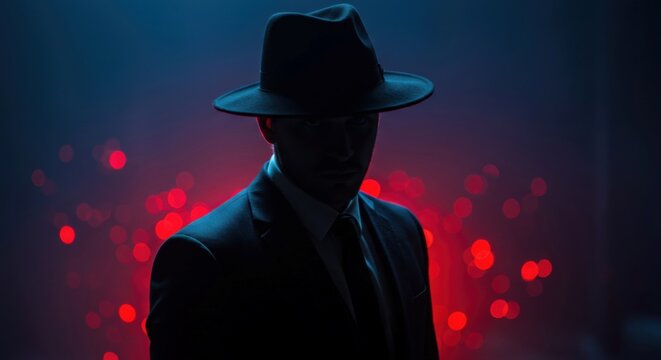 A stylish man in a suit and fedora hat stands with dramatic red bokeh lights. - Powered by Adobe