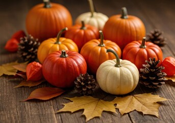 Decorative pumpkins in mixed colors with autumn leaves on rustic wooden surface.