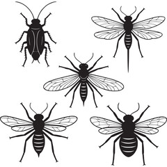 Art of collection of black and white insect silhouettes including a cockroach, dragonfly, bee, wasp, and fly, isolated on a