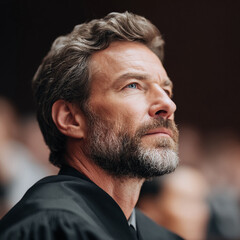 Obraz premium Thoughtful portrait of a mature man looking upwards, reflecting. Image conveys hope, contemplation, and leadership. Suitable for editorials, presentations, and motivational content.