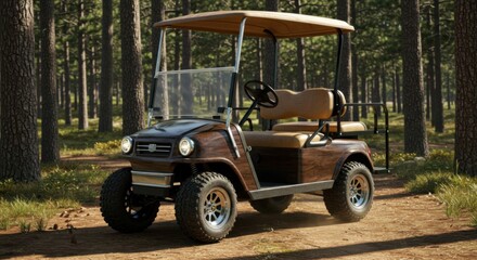 A golf vehicle positioned on a forest path, surrounded by pine trees, perfect for recreation.