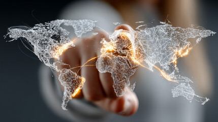 Modern business woman shows a world map of a new online trading network connecting big countries through cutting edge technology.