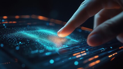 Finger touching glowing digital interface with blue and orange lights in a dark environment