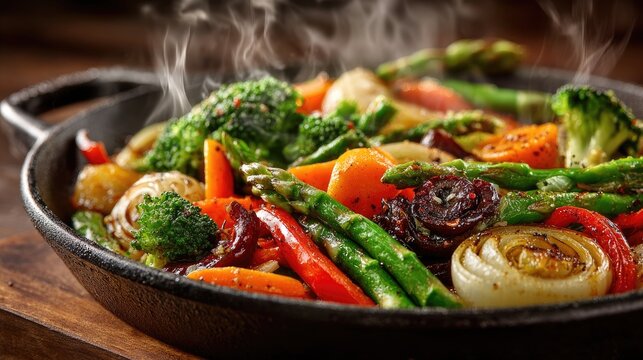 Colorful sauteed vegetables in a hot pan