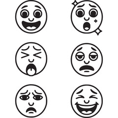Art of a set of six distinct emoji faces displaying a range of emotions from joy and laughter to surprise and sadness, isolated on a