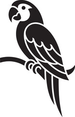 Elegant Monochrome Parrot Silhouette Perched on Branch Design for Graphic Applications and Creative Projects with Clean Lines and Modern Style Ideal for Logos and Emblems