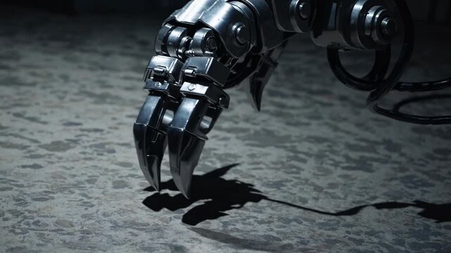 Low-angle shot of a robotic claw on a textured surface, highlighting its metallic design. Ideal for a futuristic tech video concept.
