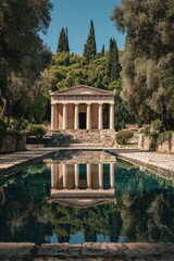 Ancient temple reflecting in a pool, surrounded by lush greenery