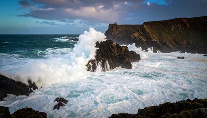 Fototapeta premium Powerful waves crash against dark, jagged rocks on a dramatic coastline.