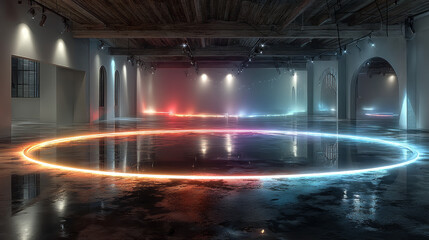 3d rendering. HDRI environment map. 360 degree spherical seamless vr panorama. Abstract empty t interior with abstract rectangular decorative elements with neon lighting.