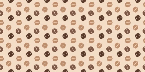 Seamless pattern of coffee beans in light and dark brown shades on a beige background, perfect for coffee-themed designs, cafes, or digital backgrounds.