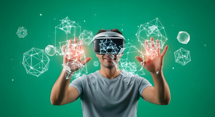 Man wearing VR headset interacts with holographic shapes against a green background.