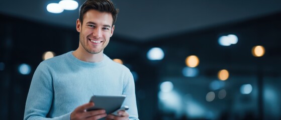 The young man smiling while using a tablet in a modern environment.