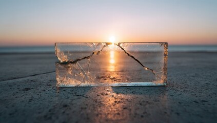 Shattered ice block at sunset over water