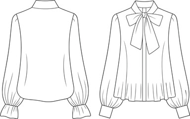CAD drawing flat vector illustration of pleated blouse design, long sleeves, bow neckline, front button style, fashion sketch layout views