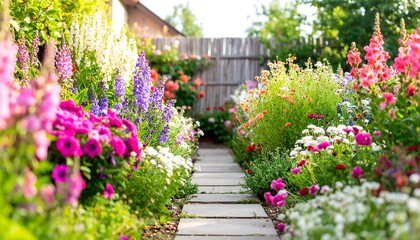 Naklejka premium A vibrant flower garden path winds through a colorful display of blooming flowers in various shades of pink, purple, and orange.