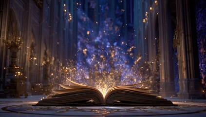 Open book, radiating magical light in a grand hall