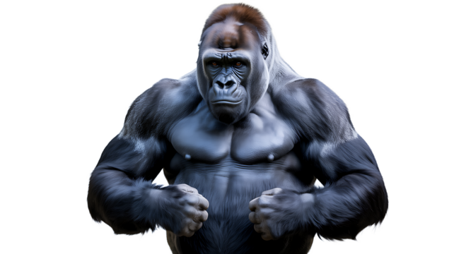 Powerful silverback gorilla flexing muscles with intense gaze