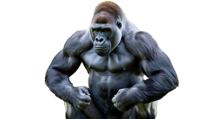 Powerful silverback gorilla flexing muscles with intense gaze