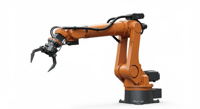 Advanced Orange Industrial Robotic Arm with Mechanical Gripper Isolated on a White Background.
