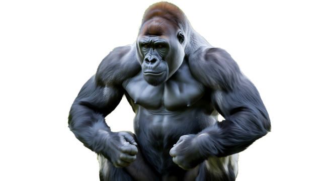 Powerful silverback gorilla flexing muscles with intense gaze
