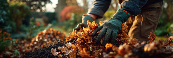 Preparing compost pile in autumn demonstrating sustainable gardening practices against natural garden backdrop