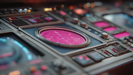 Close-up of futuristic cockpit panel, featuring a central radar display and numerous controls.  Colored glowing displays and buttons are prominent