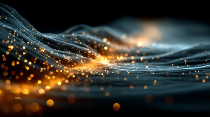 Data flow and transfer with high speed internet for AI analysis. Big data and machine learning and neural network technology. Glowing particles abstract illustration background.