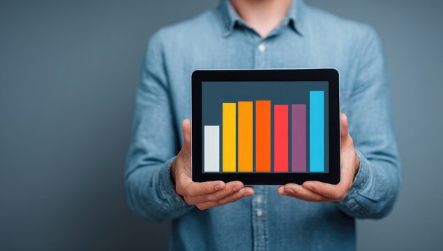 A person holds a tablet displaying a bar graph.  The graph shows declining data visually