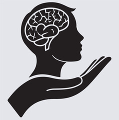 logo of mental health care center silhouette vector art illustration, human head silhouette with brain