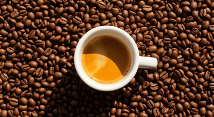 Fototapeta premium Top-down shot of glossy Arabica beans with espresso cup and rich crema