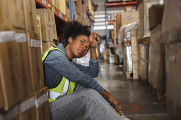 Tired stress young teen women worker labor rest in factory warehouse cargo inventory industry.