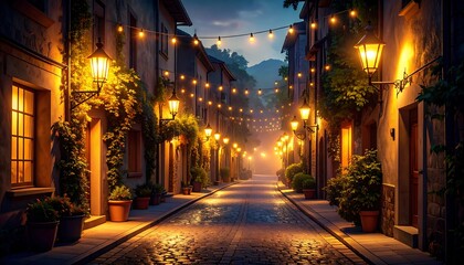 Romantic European Street at Night, Lit by Lanterns and String Lights.