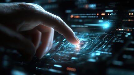 A finger touching a glowing holographic interface with intricate digital patterns and bright blue light