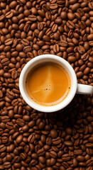 Fototapeta premium Top-down shot of glossy Arabica beans with espresso cup and rich crema