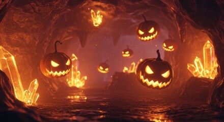 Fototapeta premium Fiery Jack-o-lanterns Swarm a Glowing Crystal Cave Grotto.