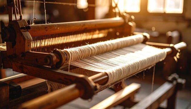 Antique wooden weaving loom with threads in a sunlit workshop for textile production and traditional craftsmanship