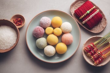 Obraz premium Celebrating raksha bandhan with assorted sweets and rakh india festive photography home setting close-up family traditions