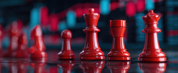 The red chess pieces lined up against a blurred digital background.