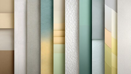 Vertical array of textured panels in muted colors.  Various shades of beige, taupe,  pale green, and light yellow.  Distinct surface patterns