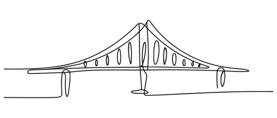 One continuous line drawing of bridge design illustration. Bridge architecht in simple linear style. Construction design concept. Vector illustration. with white background