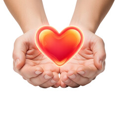 Obraz premium Warm glowing red heart held gently in open caring hands symbolizing love and generosity transparent background