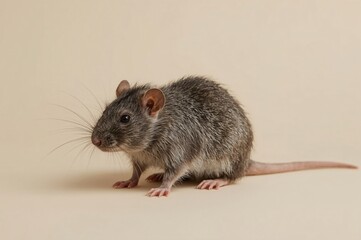 Grey rat posing, beige studio backdrop