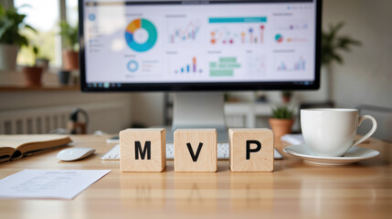 MVP in business office workspace with computer monitor displaying analytics dashboards, pie charts, growth graphs, startup data and innovation metrics for product development