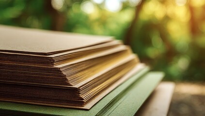 Stacked sheets of light brown and tan plywood, or similar composite material,  arranged in layers against a backdrop of out-of-focus greenery and sunlight