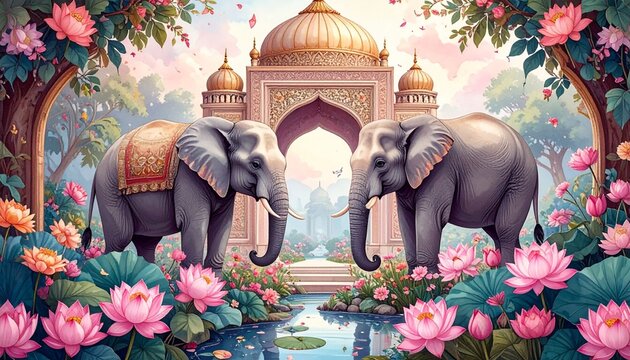 Mughal style illustrated garden. Two elephants stand in front of an ornate archway. Lotus flowers in full bloom decorate the landscape. The details are exquisitely beautiful.