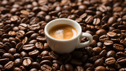 Fototapeta premium Top-down shot of glossy Arabica beans with espresso cup and rich crema