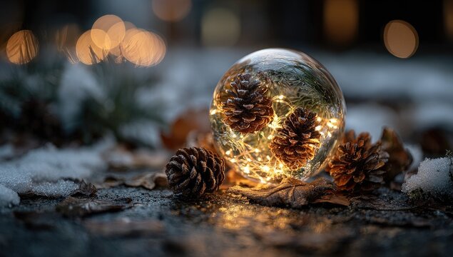 Crystal sphere, lit pine cones, winter scene